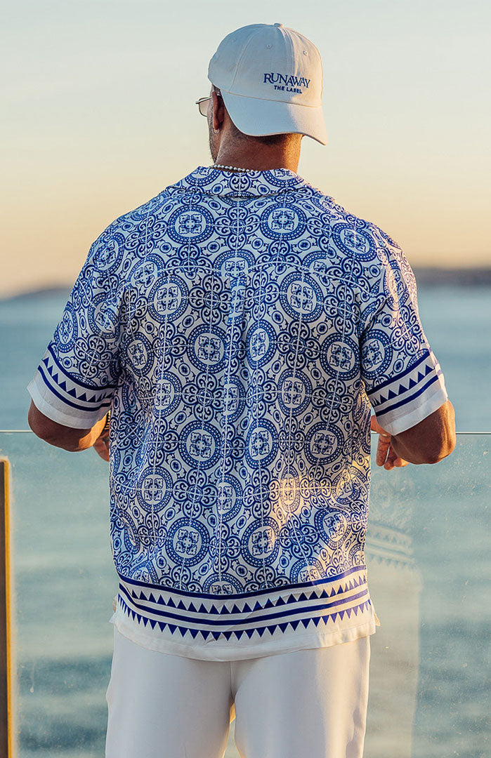 Blue Majolica | Men’s Luxe Printed Satin Resort Shirt