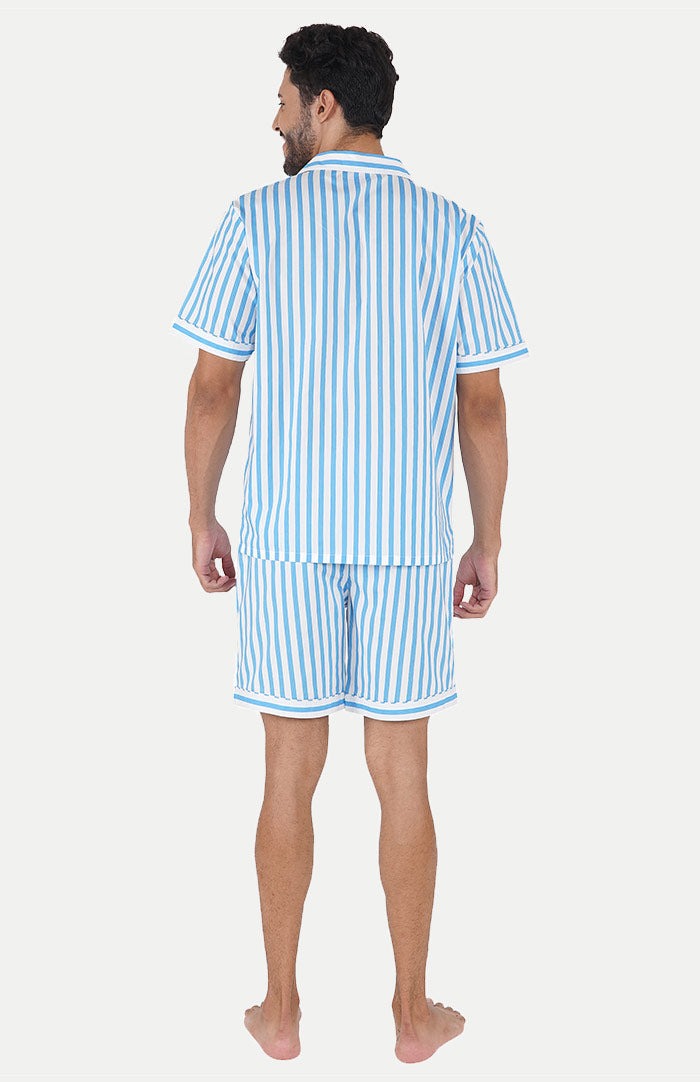 Luxeliv-mens-loungewear-AQUA-blue-striped-shirt--shorts-co-ord-set