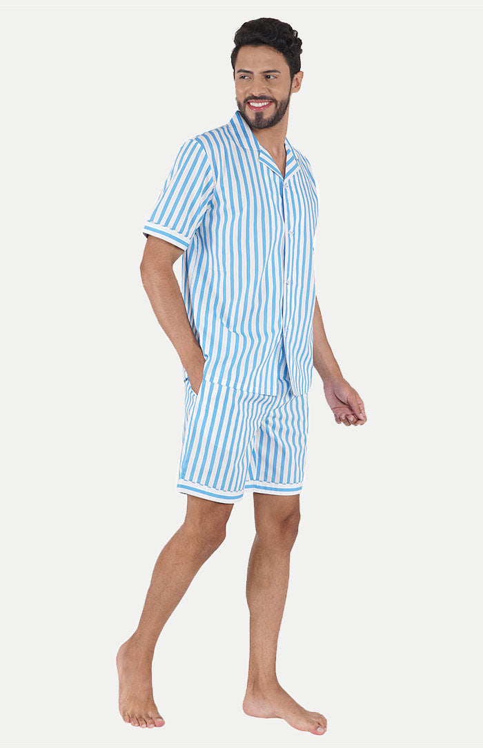 Luxeliv-mens-loungewear-AQUA-blue-striped-shirt--shorts-co-ord-set