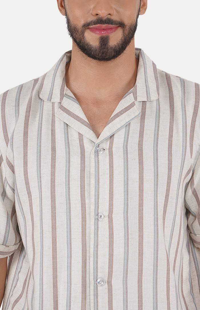 Luxeliv-mens-loungewear-Beige-striped-shirt--shorts-co-ord-set