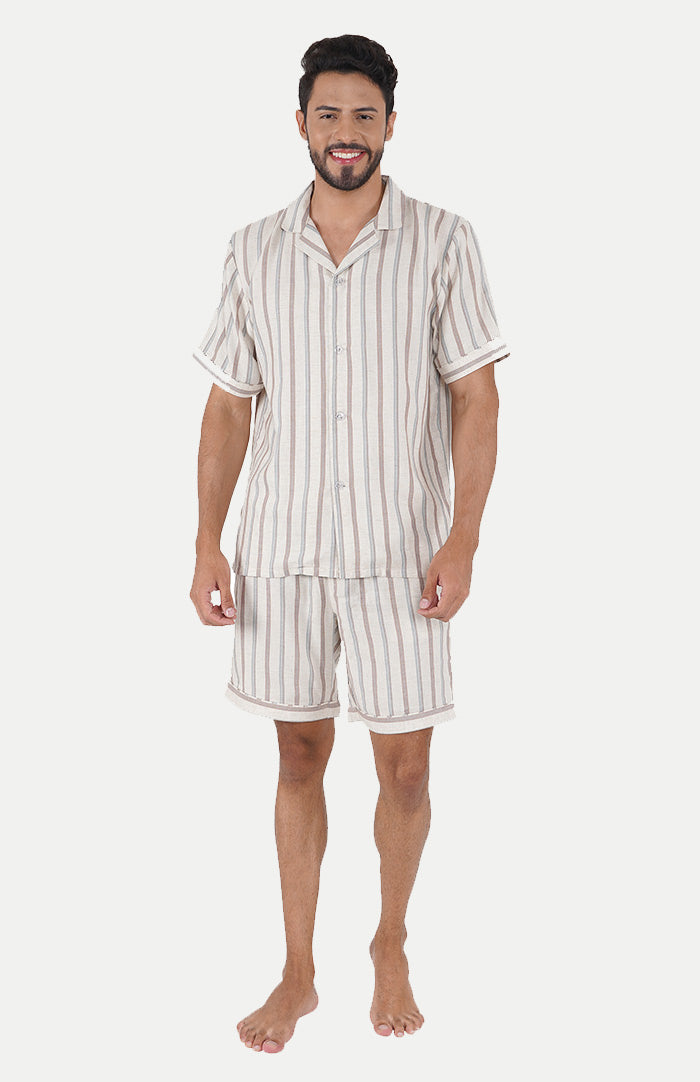 Luxeliv-mens-loungewear-Beige-striped-shirt--shorts-co-ord-set