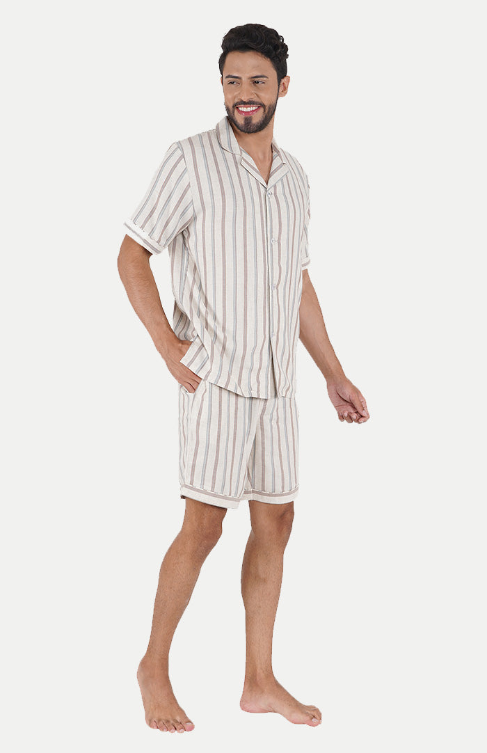 Luxeliv-mens-loungewear-Beige-striped-shirt--shorts-co-ord-set