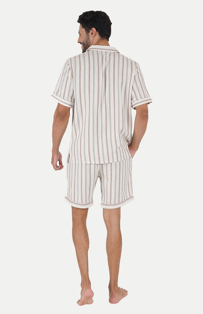 Luxeliv-mens-loungewear-Beige-striped-shirt--shorts-co-ord-set