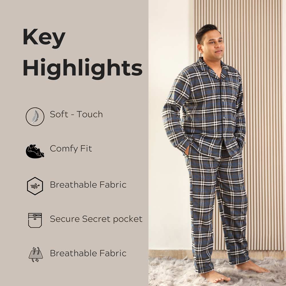 Cosy Grey, Checkered Loungewear Set, Men's Pyjama set