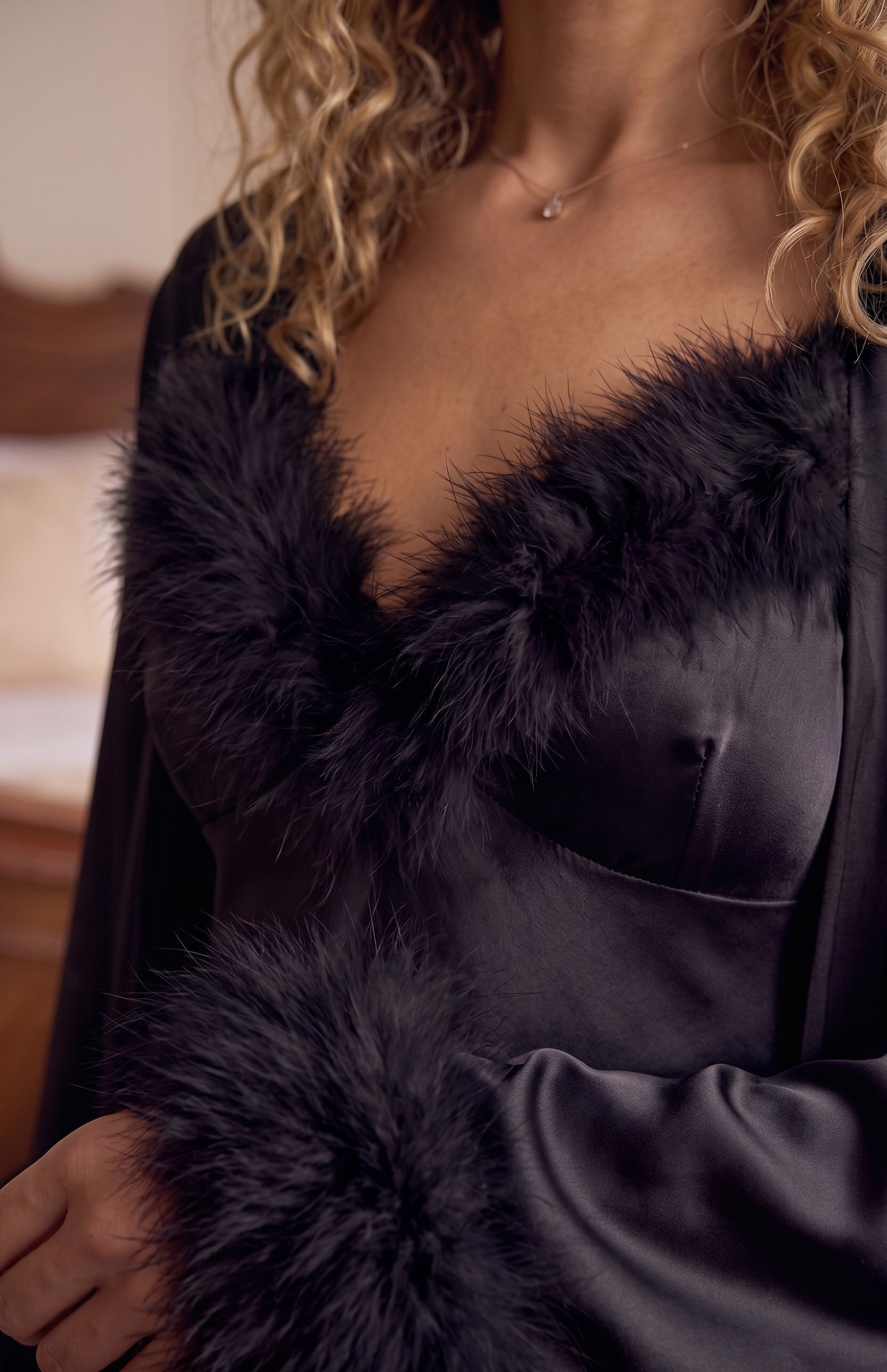 Midnight Onyx Satin Slip & Faux Fur Robe Set