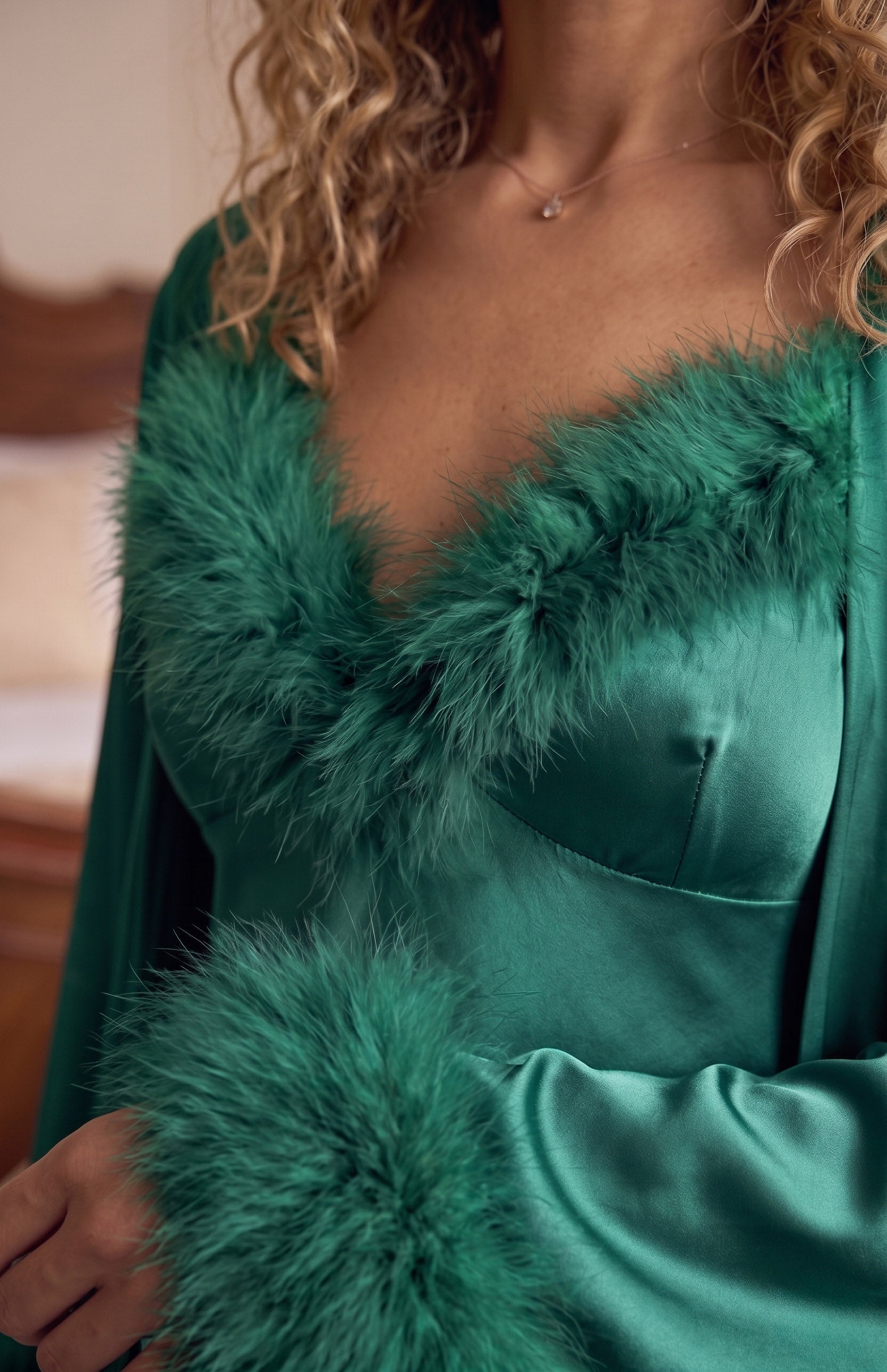 Emerald Envy Satin Slip & Faux Fur Robe Set