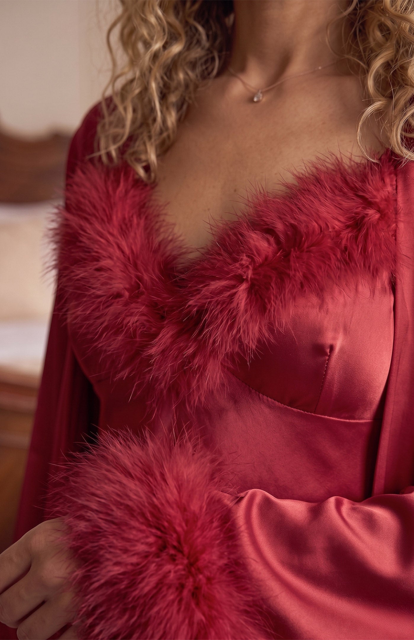 Scarlet Passion Satin Slip & Faux Fur Robe Set