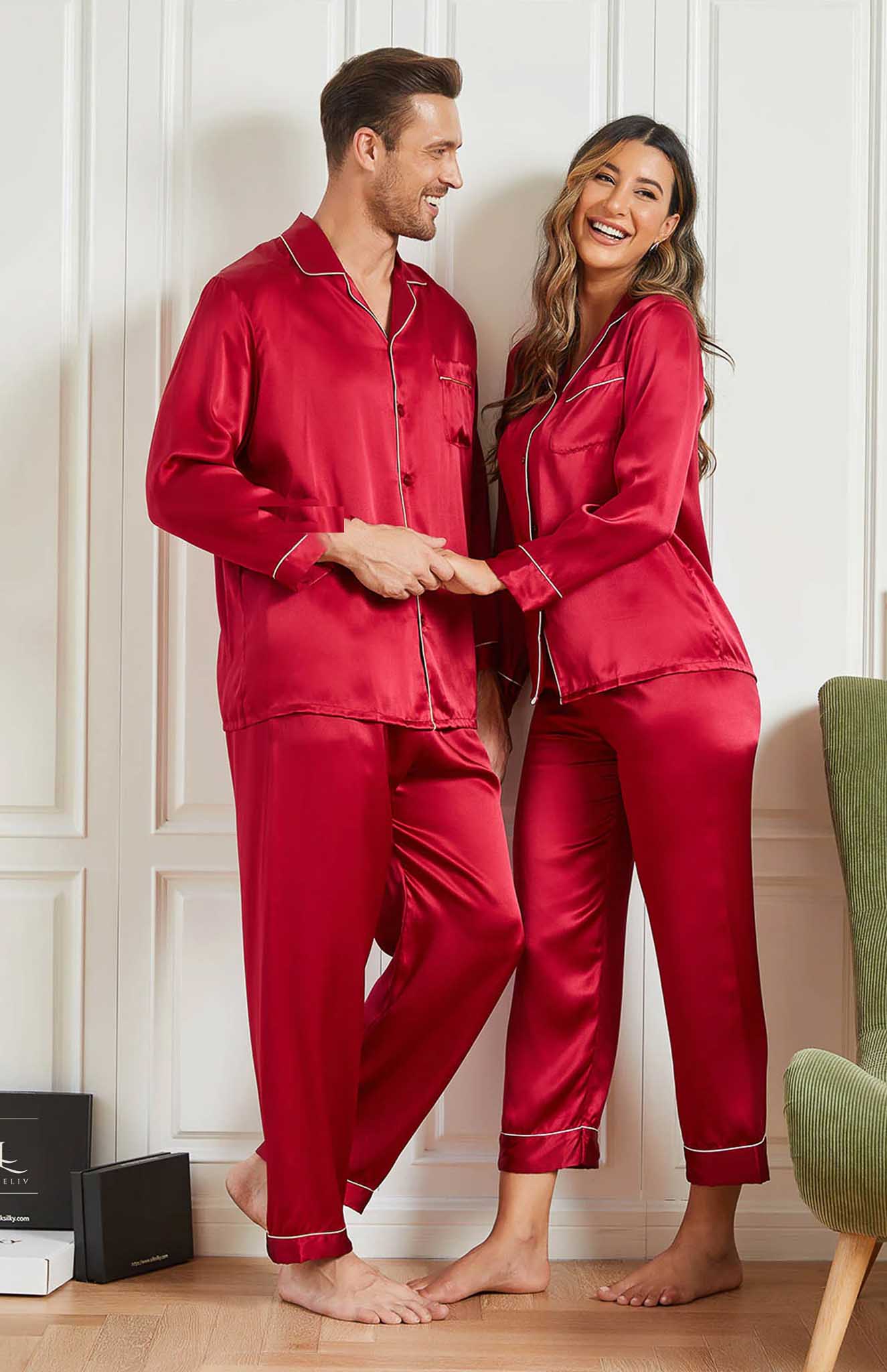 Silken Hearts Embrace | Red Satin Loungewear Set For Couples
