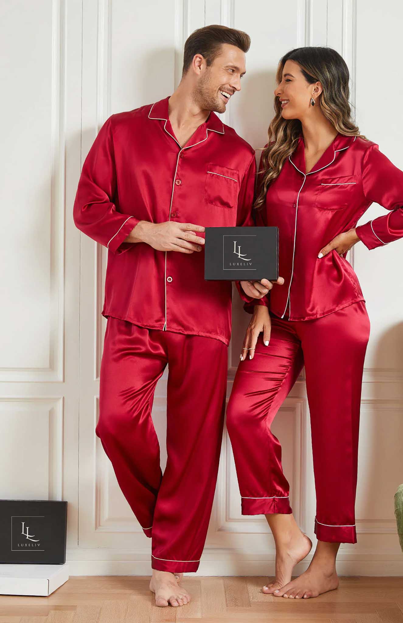 Silken Hearts Embrace | Red Satin Loungewear Set For Couples