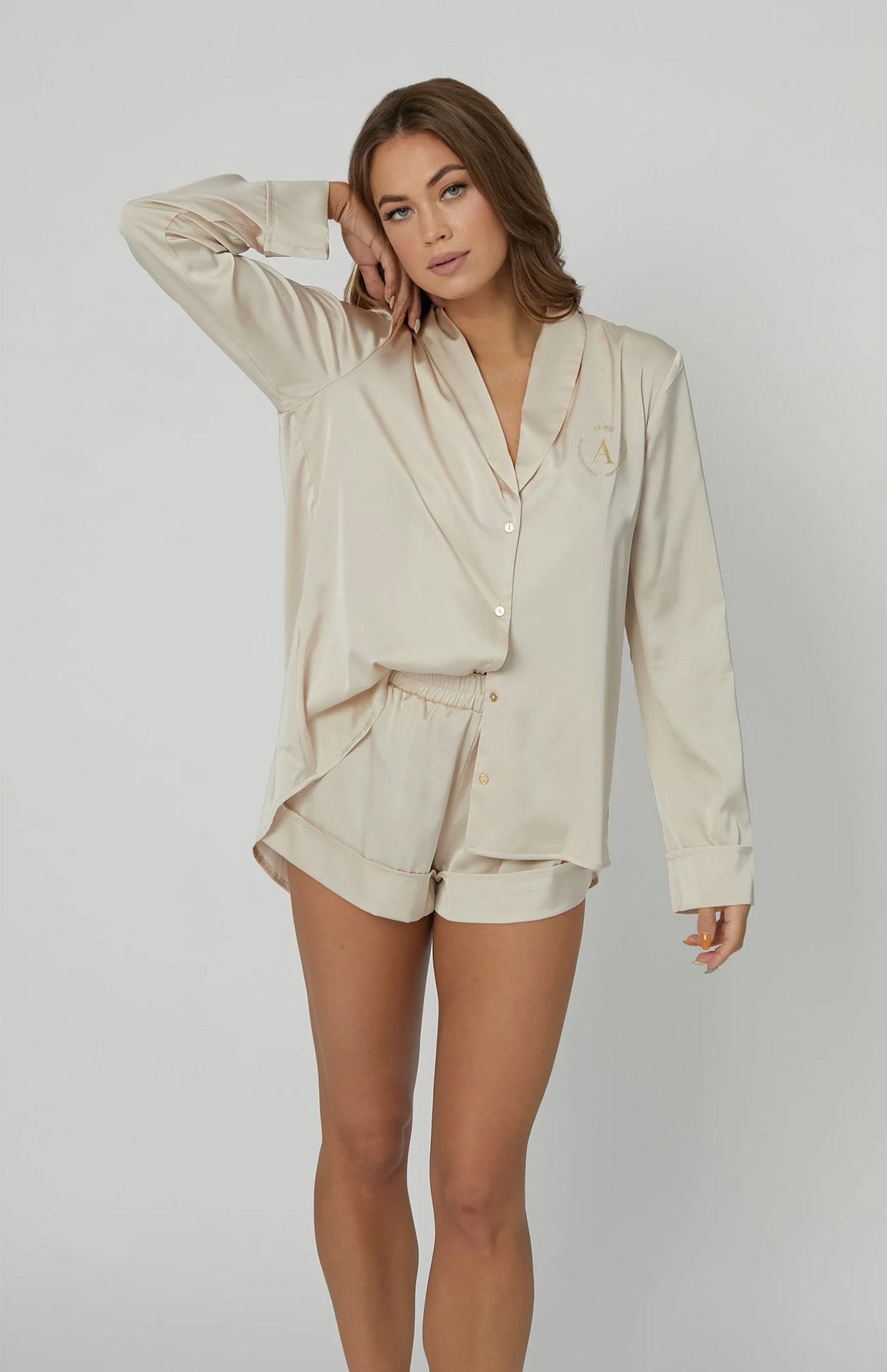 Satin-Chic: Beige Shorts Loungewear Set-luxeliv