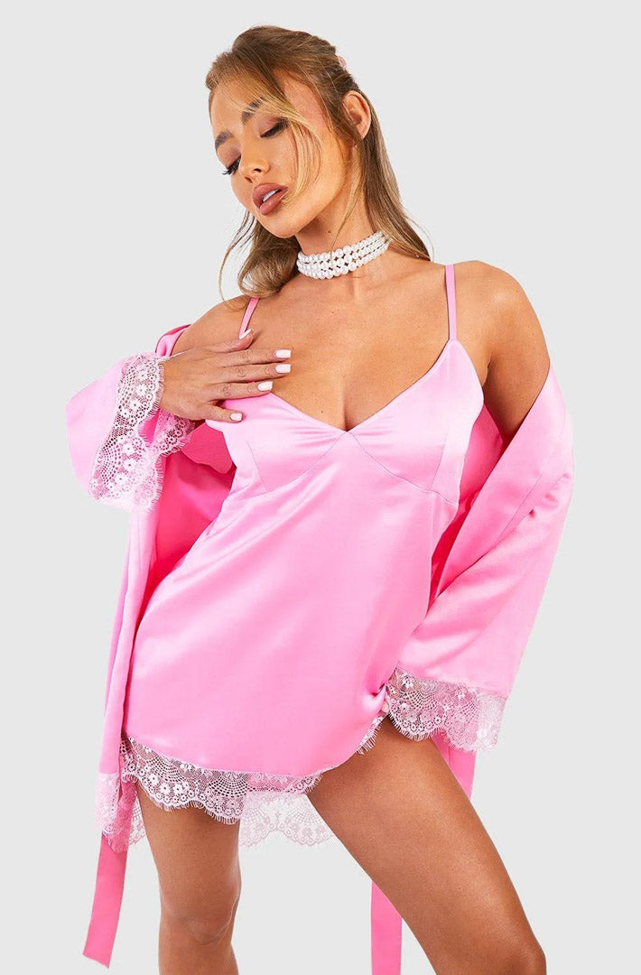 Rosé Reverie Duo Set | Satin Dress & Robe Set