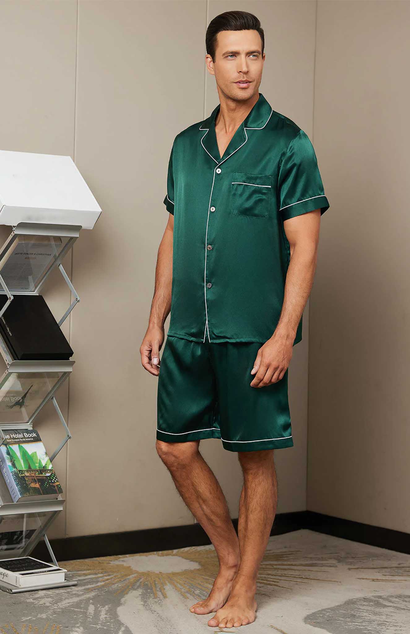 Silk Pajamas Mens Loungewear Short Sets Glorious Green Satin