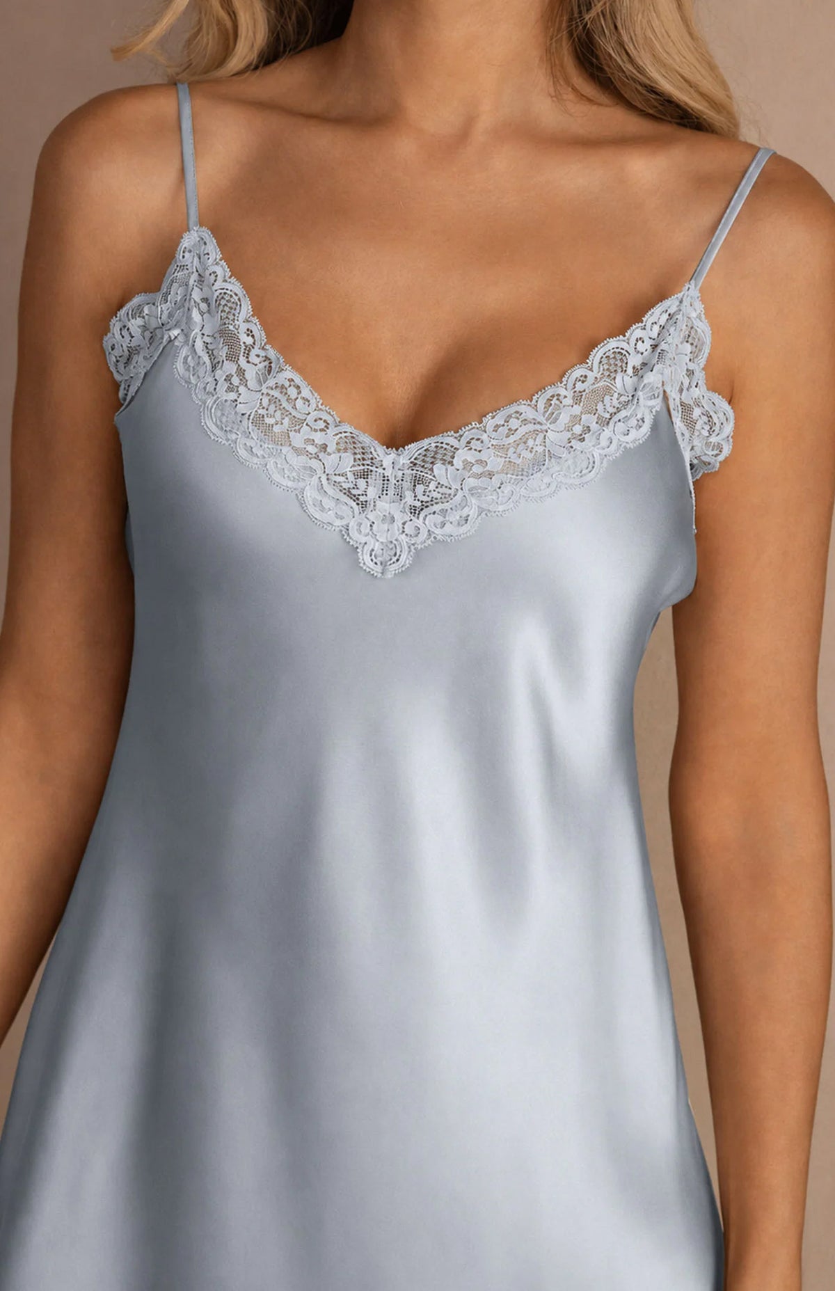 Imperial Sky | Silk-Touch Lace Trimmed Satin Slip