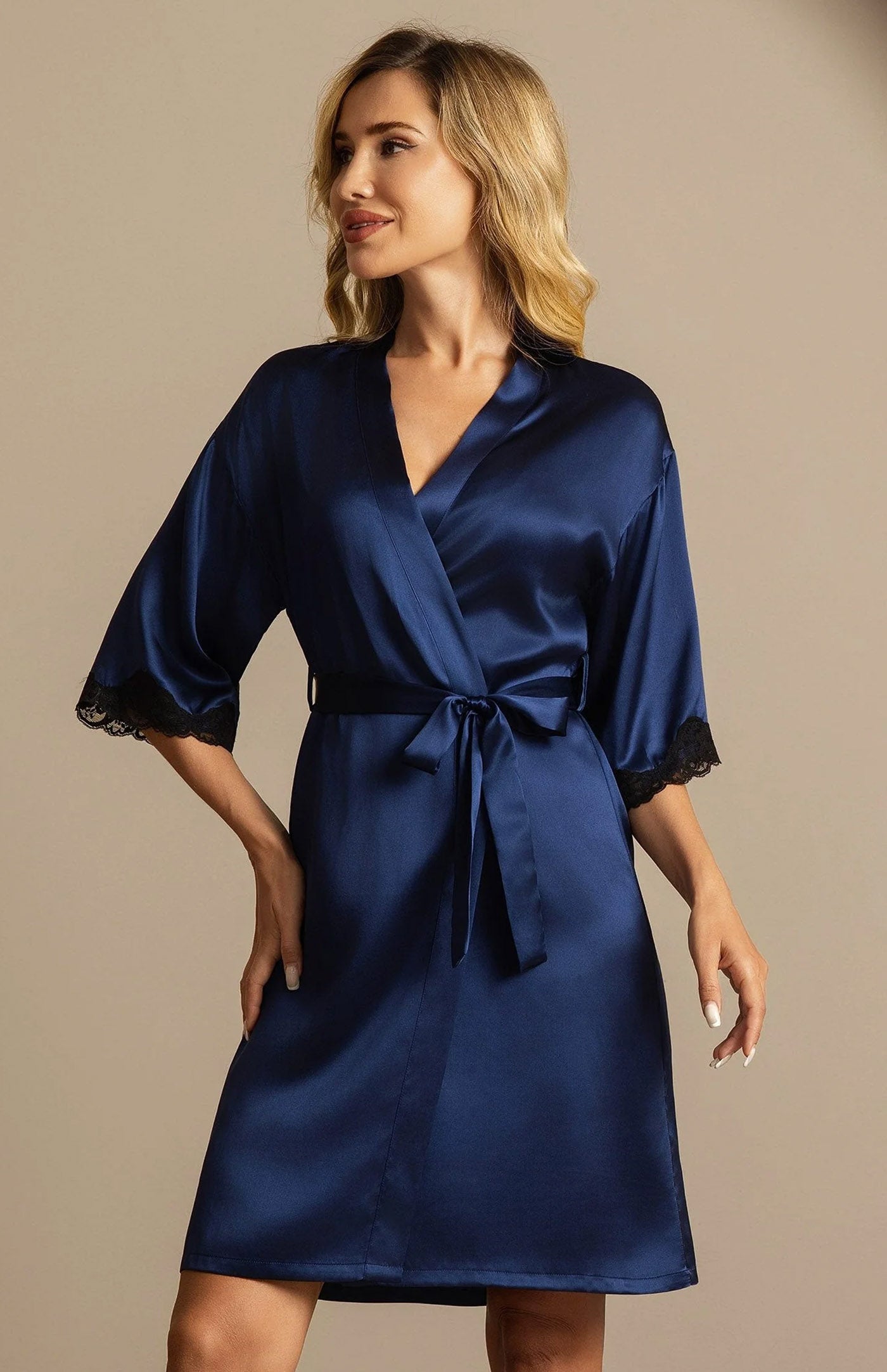 Midnight Navy Opulence | Silk-Touch Contrast Lace-Cuffed Short Satin Robe