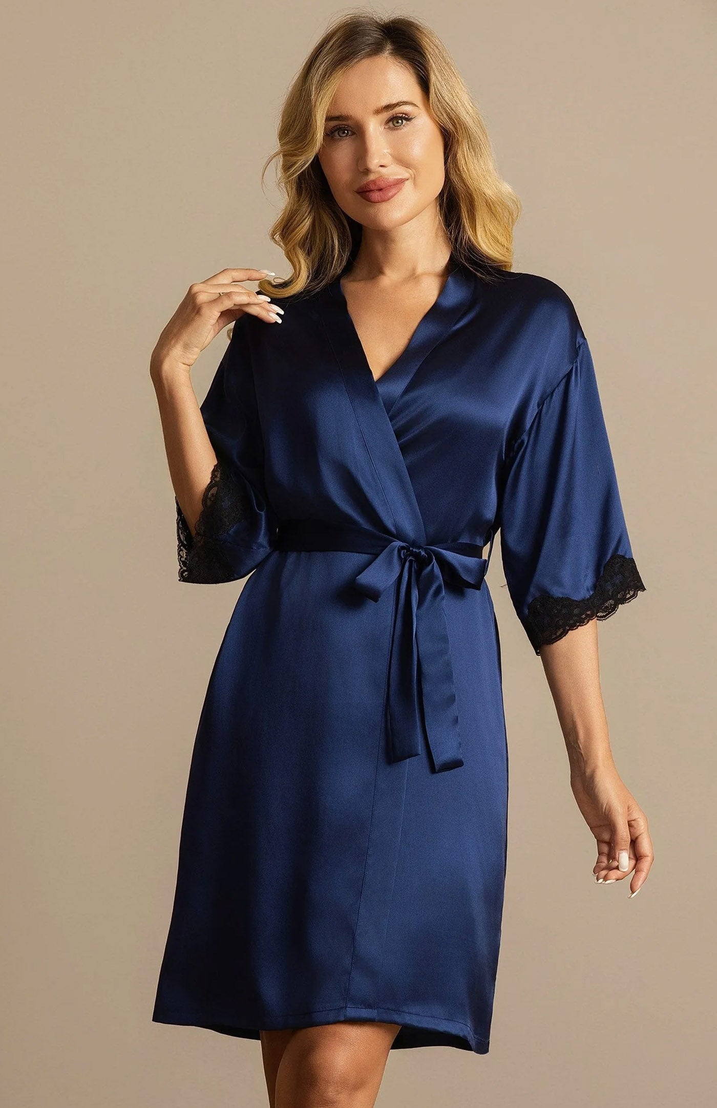 Midnight Navy Opulence | Silk-Touch Contrast Lace-Cuffed Short Satin Robe