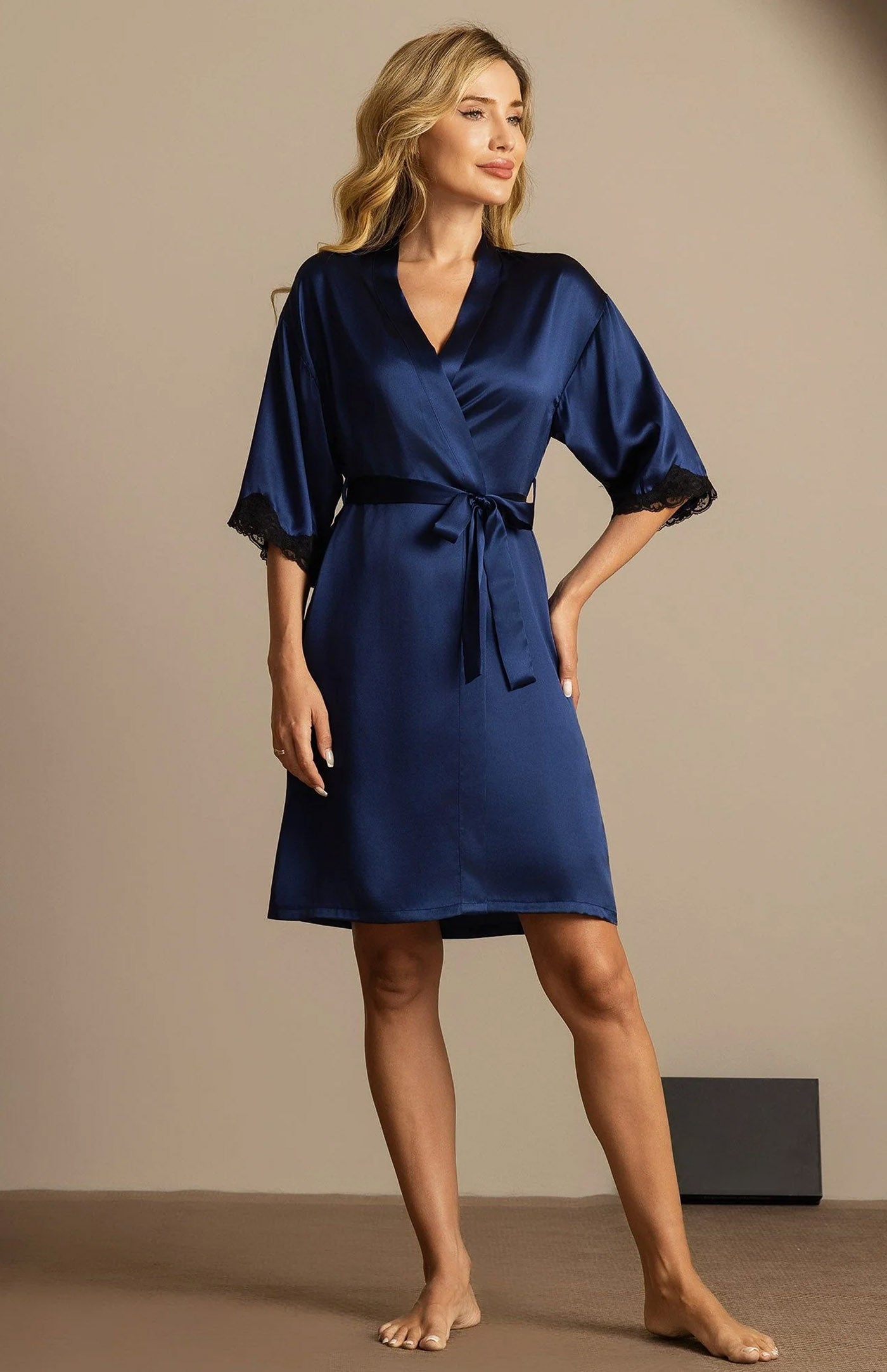 Midnight Navy Opulence | Silk-Touch Contrast Lace-Cuffed Short Satin Robe