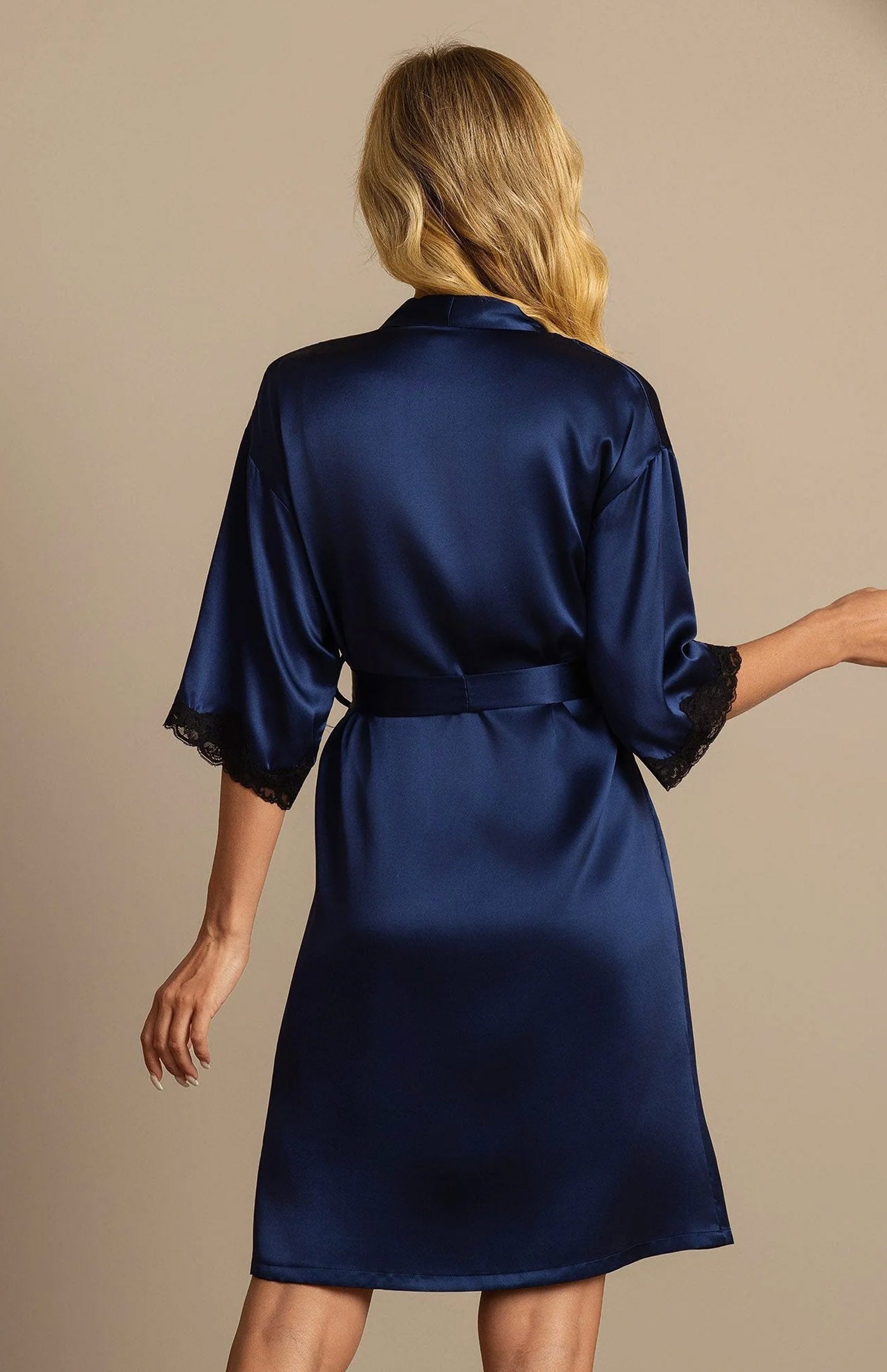 Midnight Navy Opulence | Silk-Touch Contrast Lace-Cuffed Short Satin Robe
