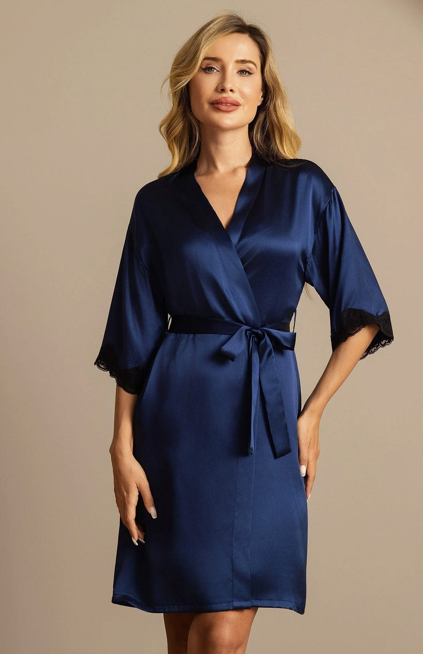 Midnight Navy Opulence | Silk-Touch Contrast Lace-Cuffed Short Satin Robe