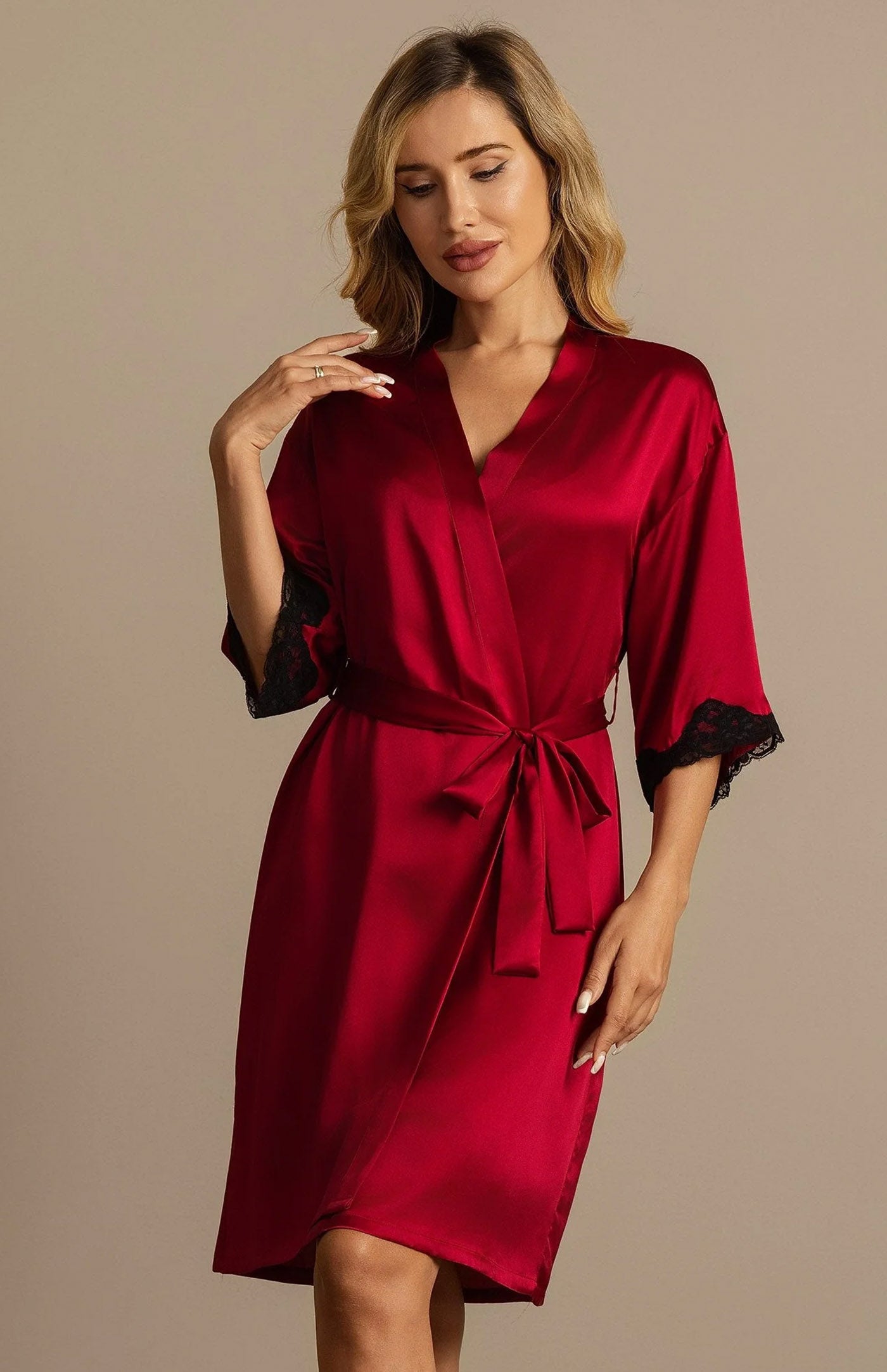 Crimson Opulence | Silk-Touch Contrast Lace-Cuffed Short Satin Robe