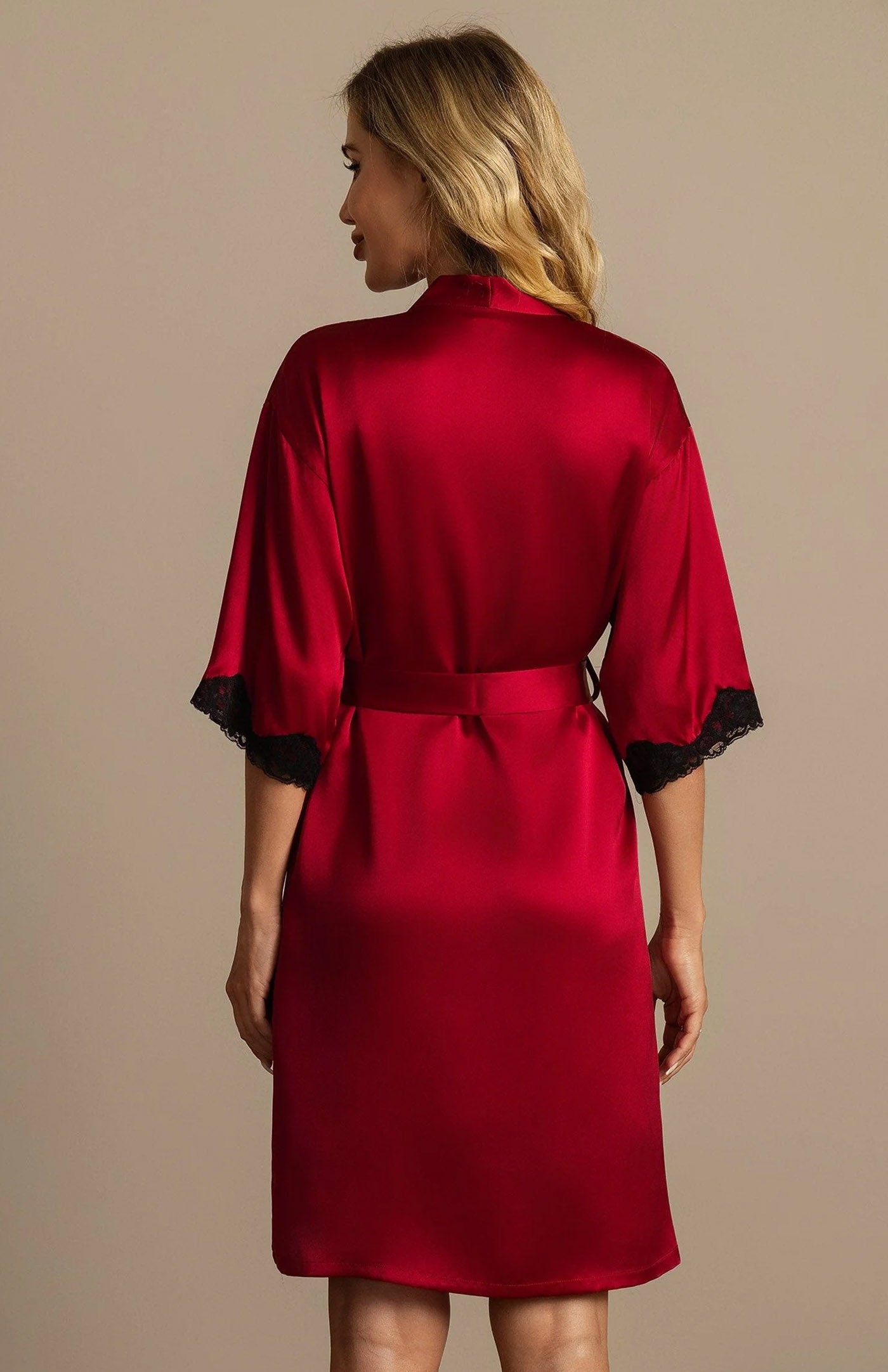 Crimson Opulence | Silk-Touch Contrast Lace-Cuffed Short Satin Robe