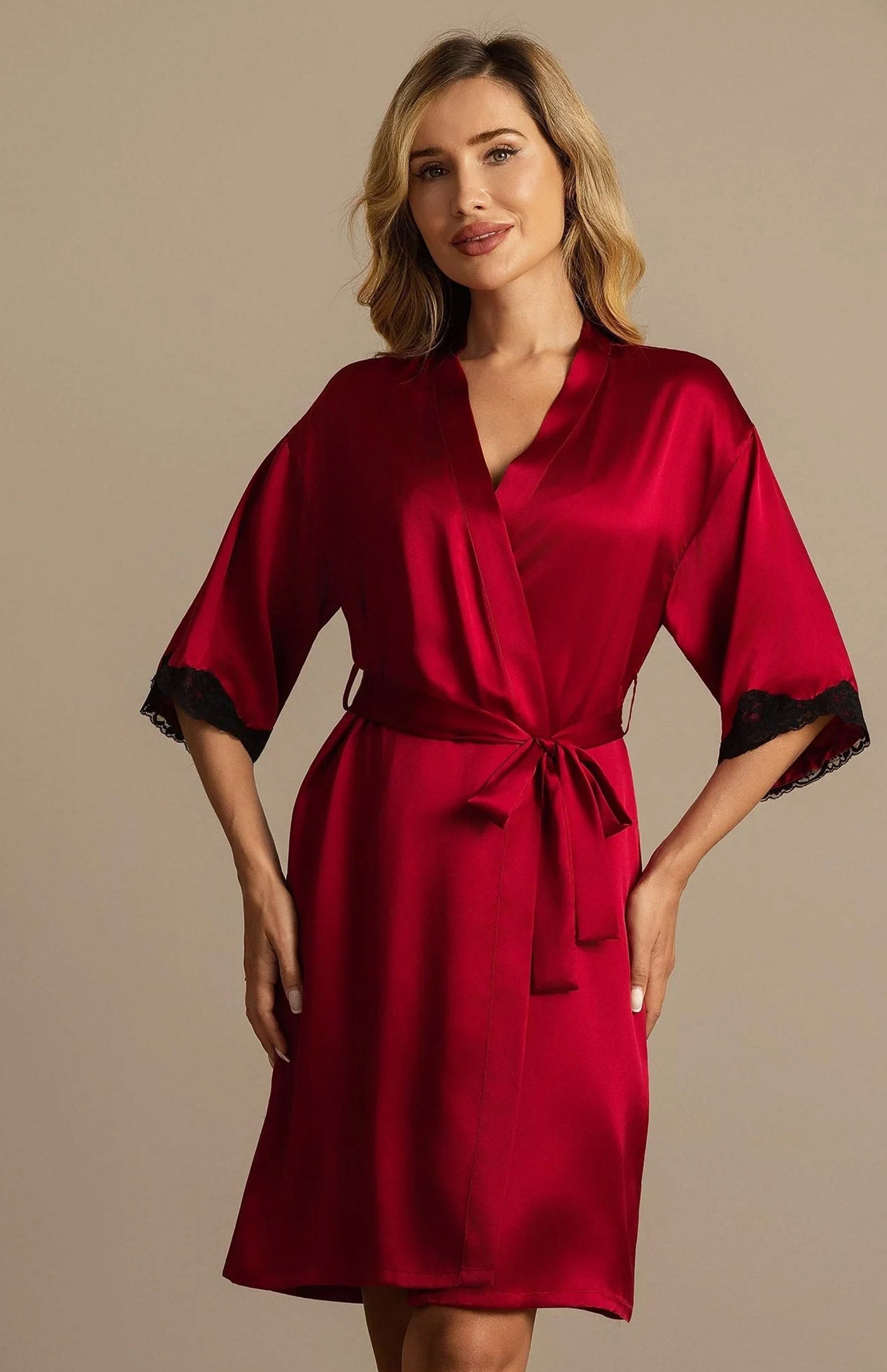 Crimson Opulence | Silk-Touch Contrast Lace-Cuffed Short Satin Robe