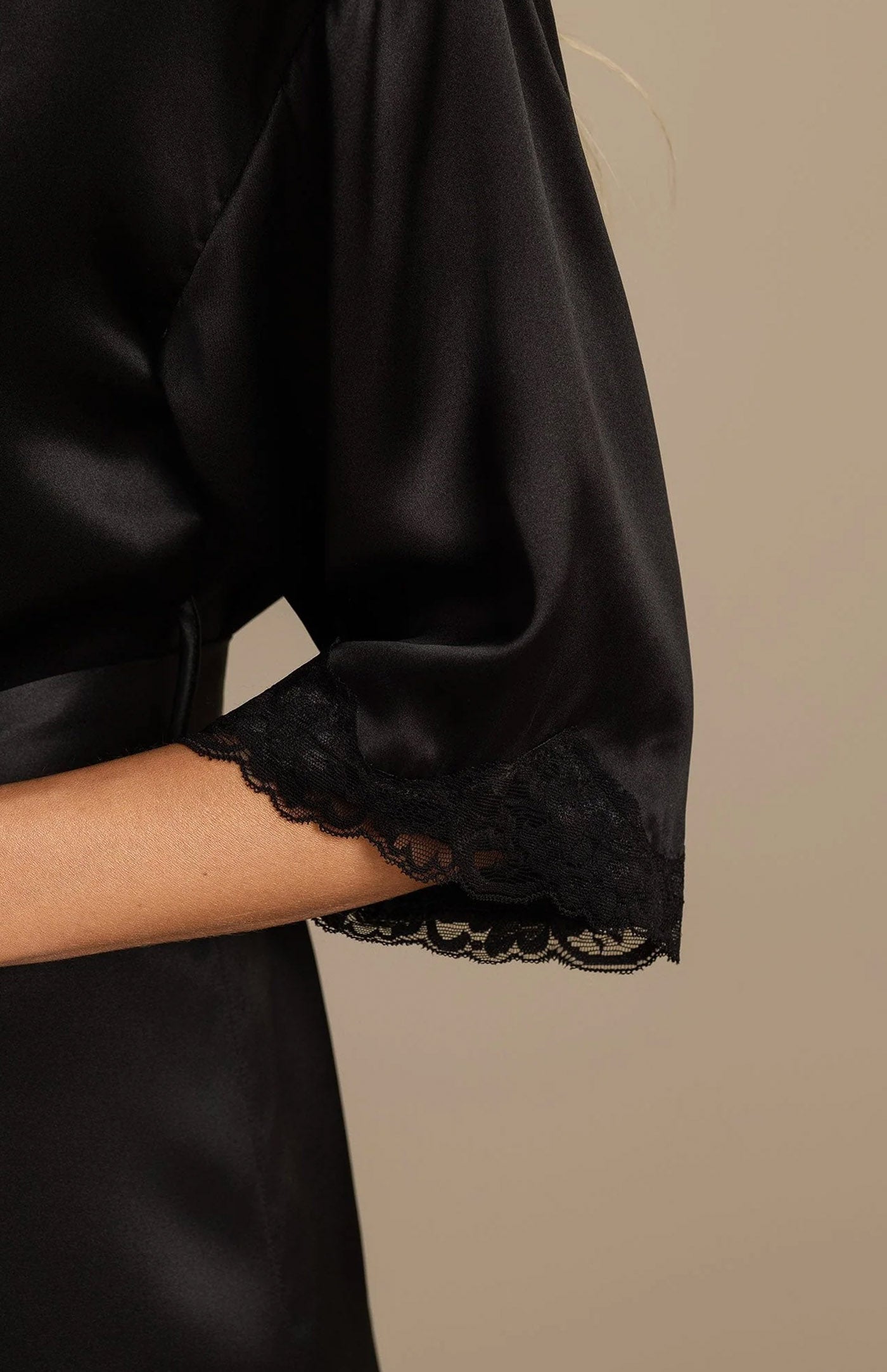 Noir Opulence | Silk-Touch Lace-Cuffed Short Satin Robe