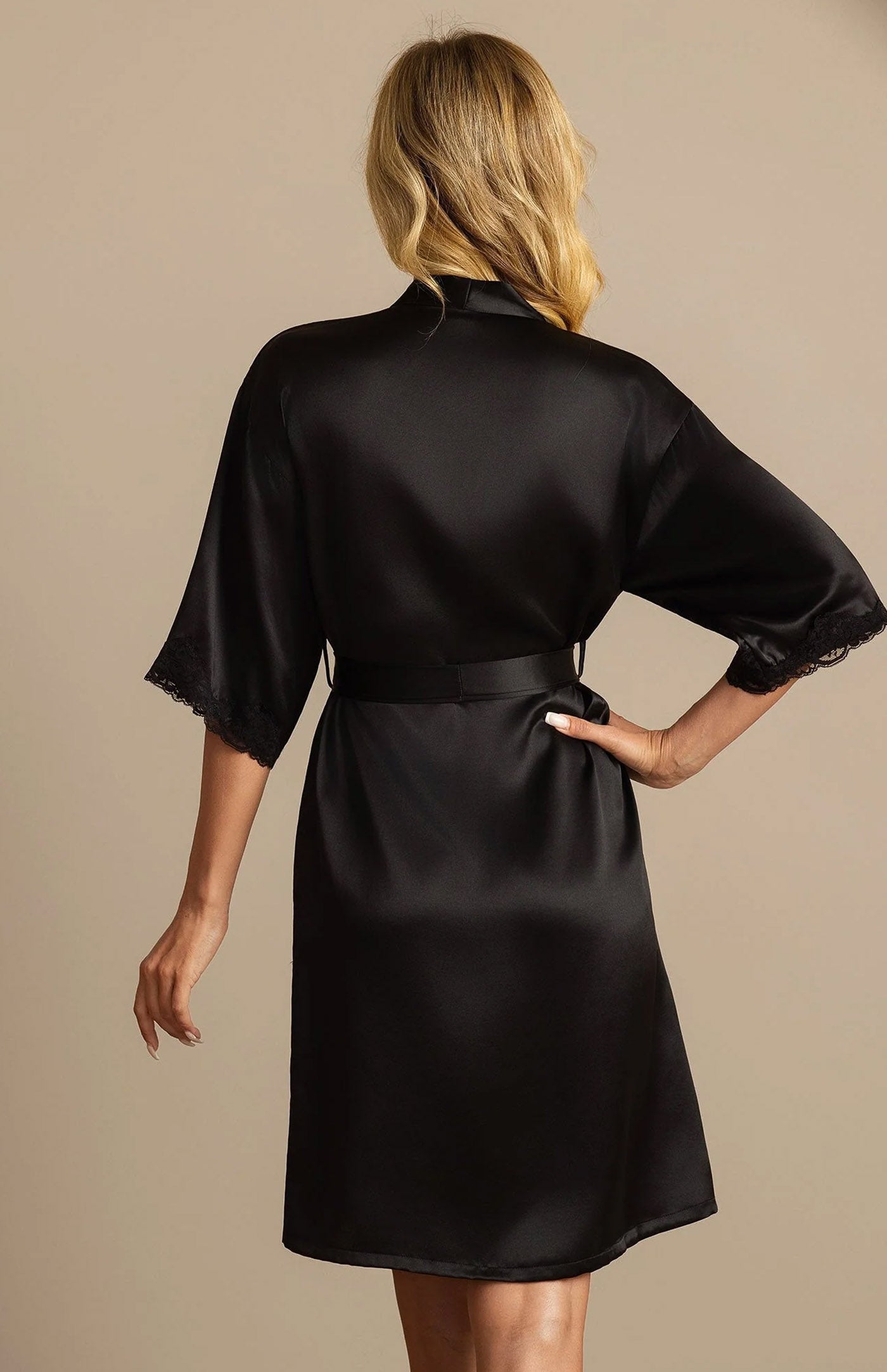 Noir Opulence | Silk-Touch Lace-Cuffed Short Satin Robe