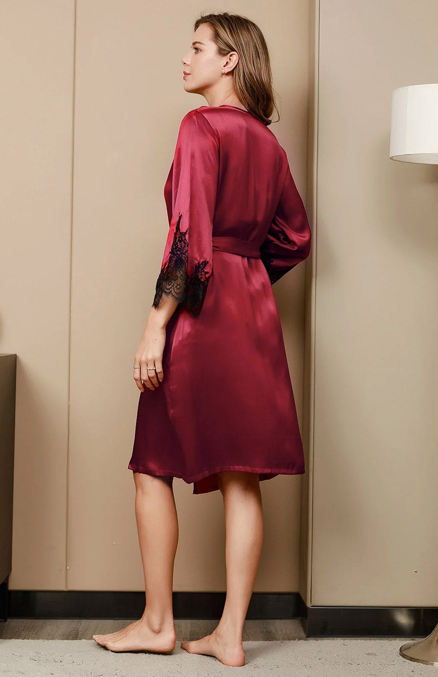 Crimson Desire Opulence | Contrast Lace-Trimmed Satin Robe & Slip Night Set