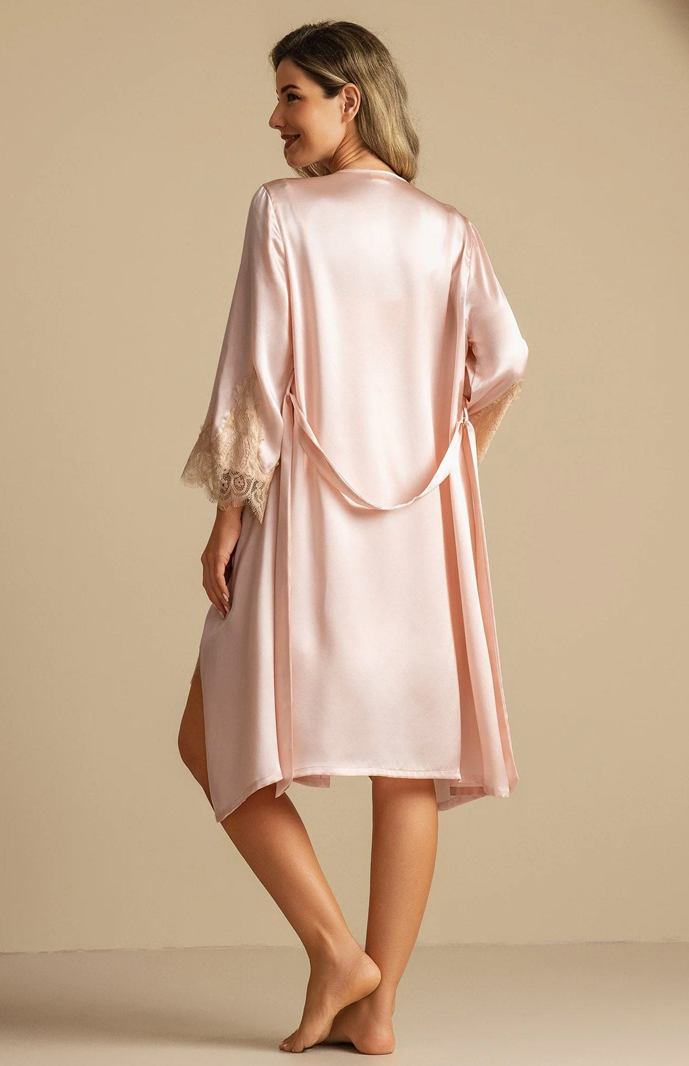 Blush Opulence | Contrast Lace-Trimmed Satin Robe & Slip Night Set
