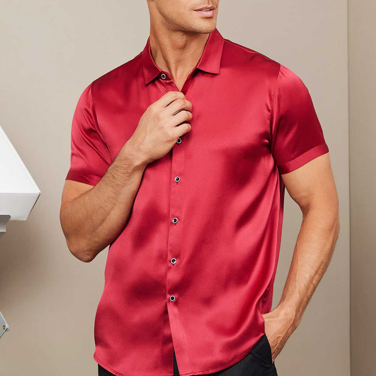 Collar Satin Button Up Shirt Mens Red Command Men Satin Shirt
