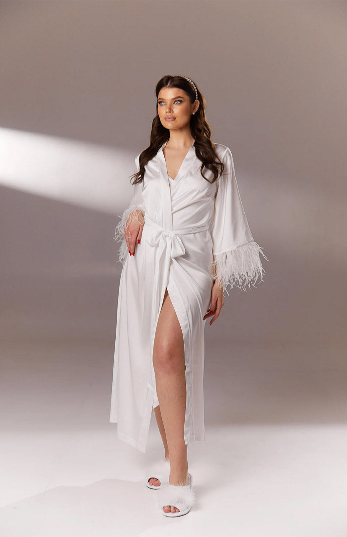 White Feather Trim Satin Robe | Luxury Bridal & Designer For Women