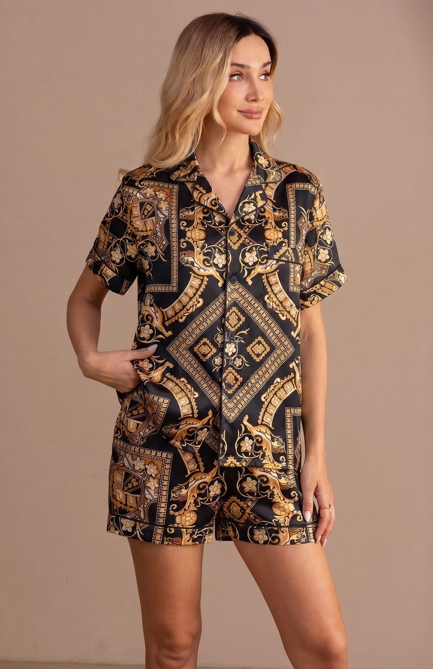 Baroque Opulence | Luxury Printed Satin Shorts Set