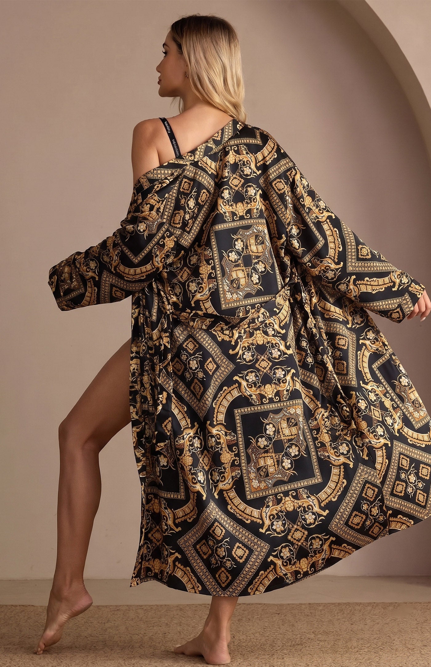 Baroque Opulence | Luxury Printed Satin Long Robe