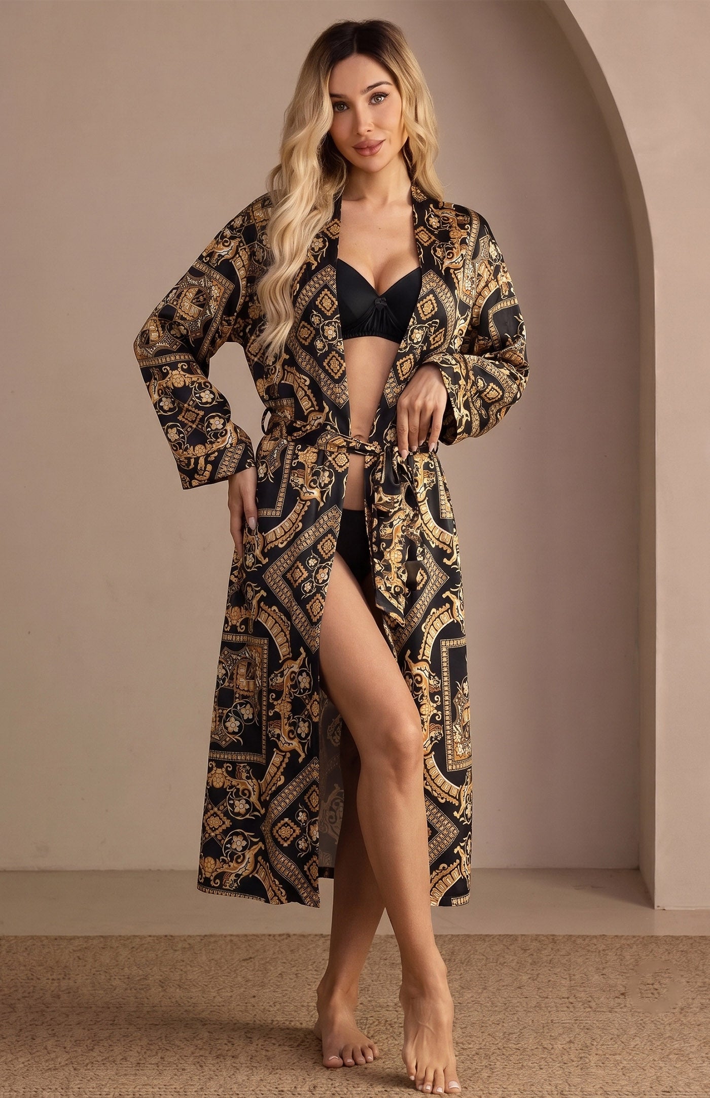 Baroque Opulence | Luxury Printed Satin Long Robe