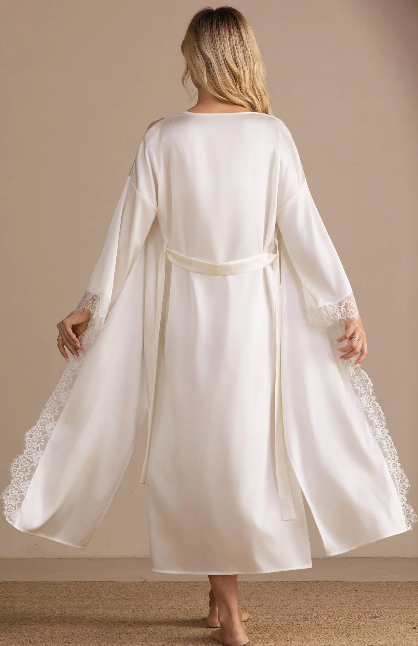 Ivory Majesty | Luxury Satin Lace Trim Long Robe