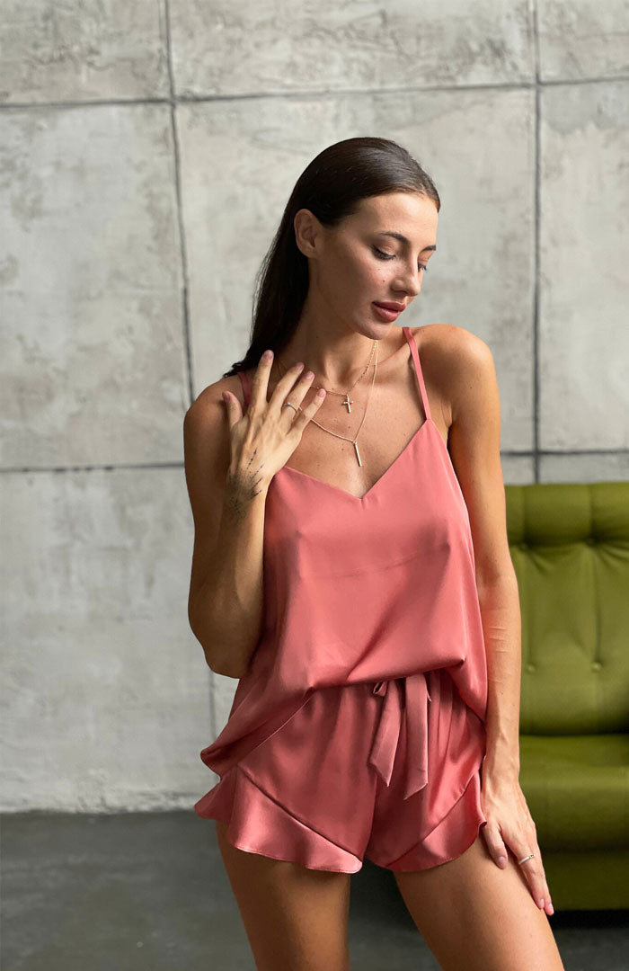 Coral Casa | Coral Pink Satin Camisole & Shorts Set