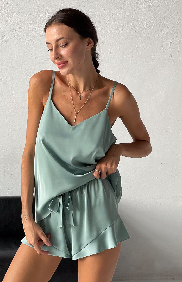 Mint Chip | Green Satin Camisole & Shorts Set