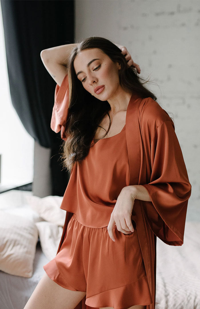 Caramel Haze | Tan Brown Satin Robe Co-ord Set (Top + Shorts + Robe)