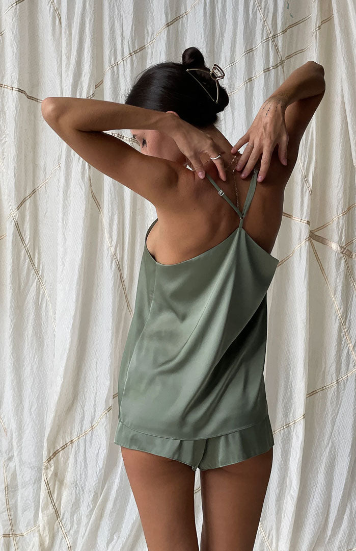 Macha Babe | Green Satin Camisole & Shorts Set