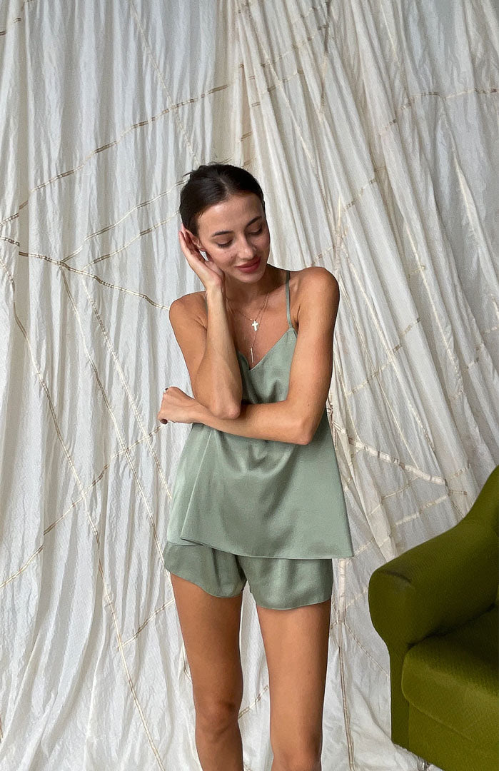 Macha Babe | Green Satin Camisole & Shorts Set