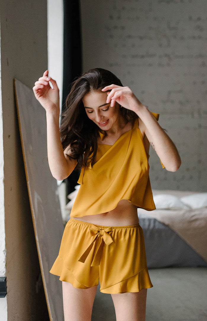 Golden Barbie | Gold Satin Camisole & Shorts Set