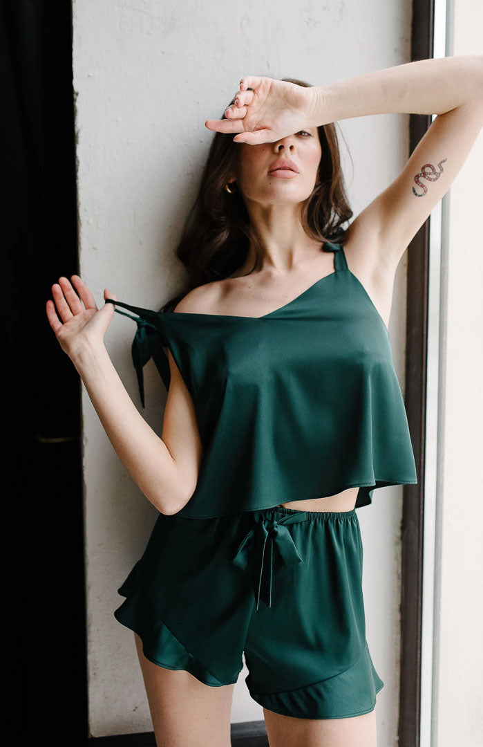 Emerald Barbie | Green Satin Camisole & Shorts Set