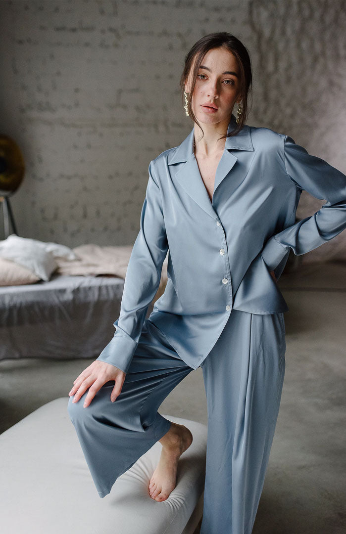 Blue Azure | Luxury Grey Satin Co-ord Nightwear