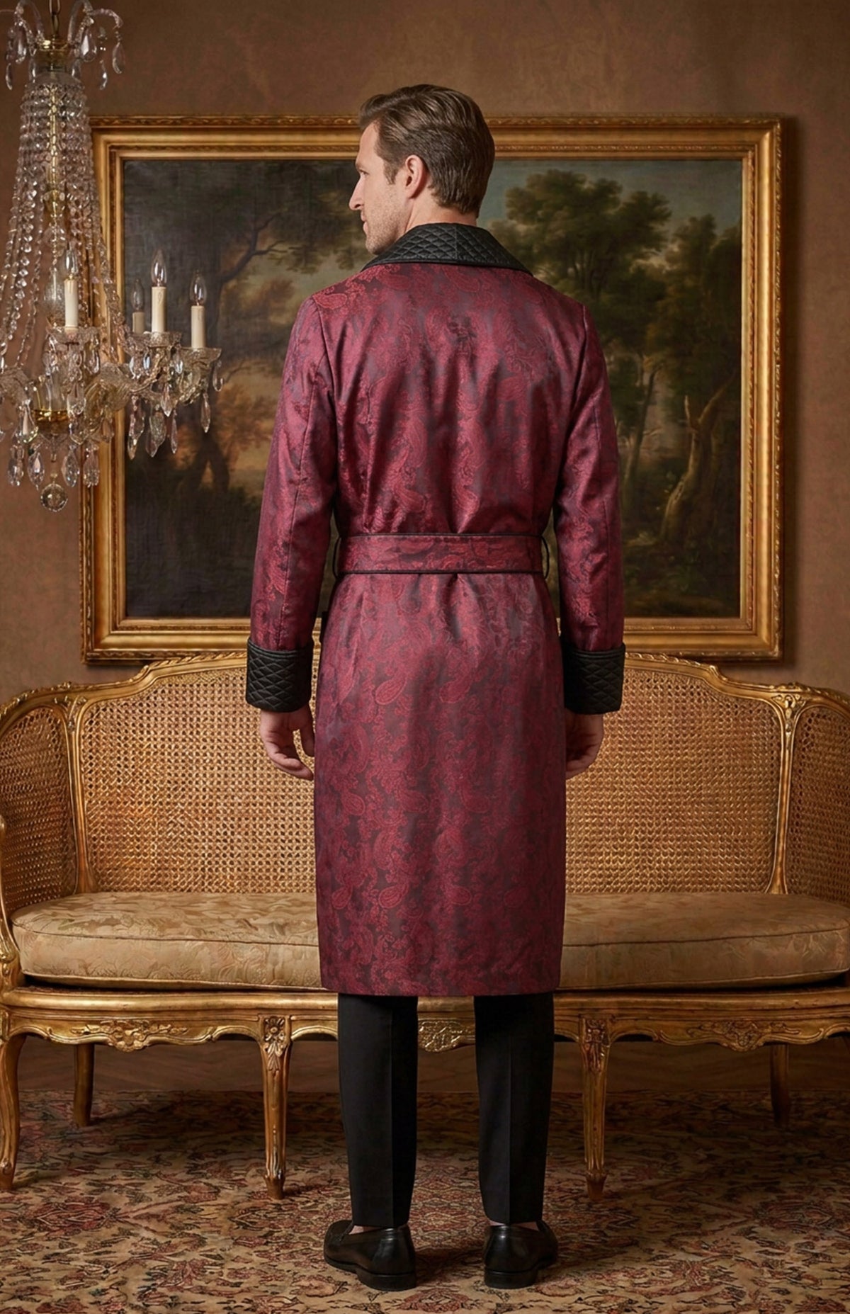 The Bordeaux Chancellor | Wine & Black Paisley Jacquard Quilted Robe for Men