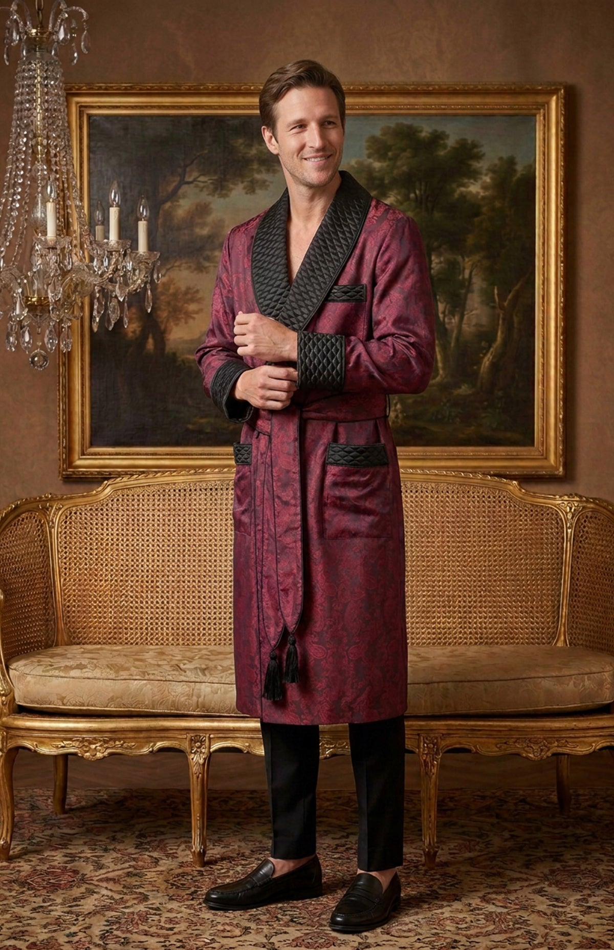 The Bordeaux Chancellor | Wine & Black Paisley Jacquard Quilted Robe for Men