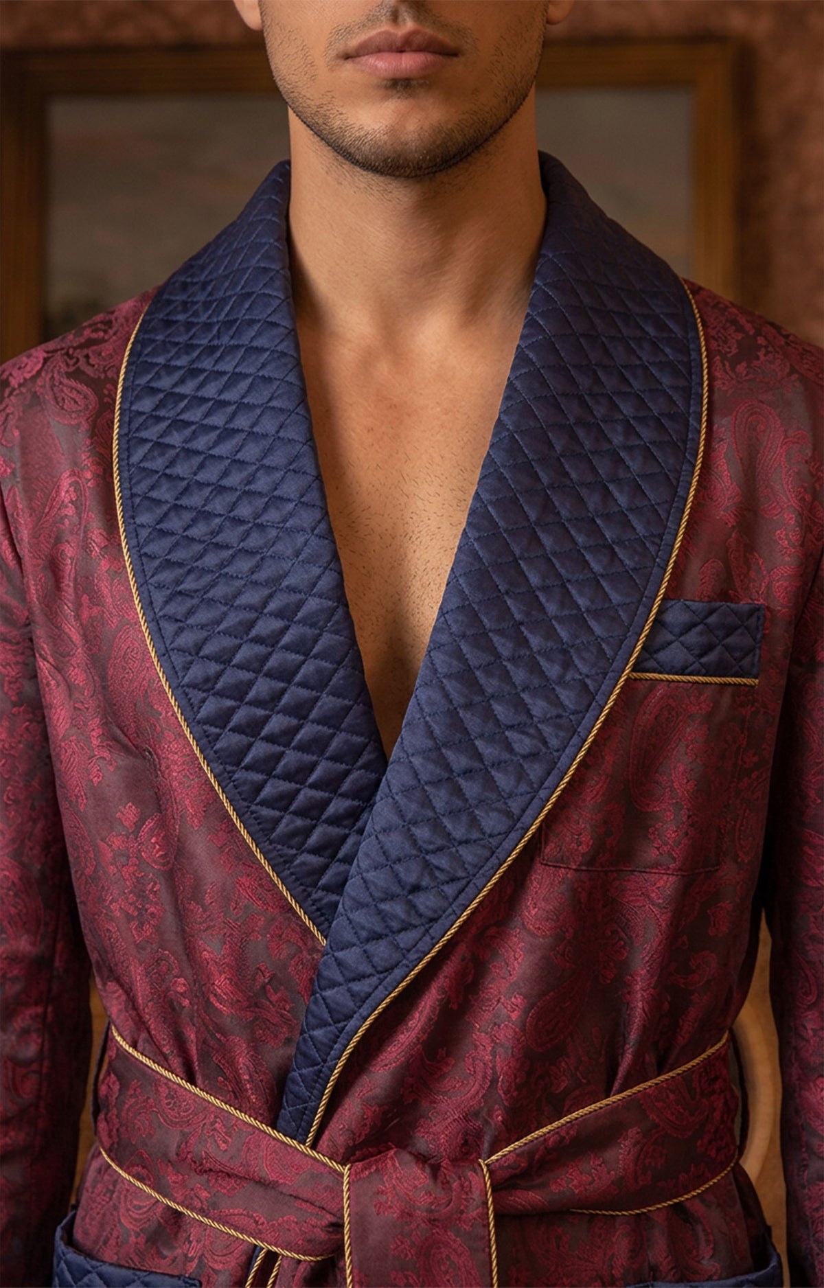 The Claret Viscount | Wine & Navy Paisley Jacquard Quilted Robe for Men