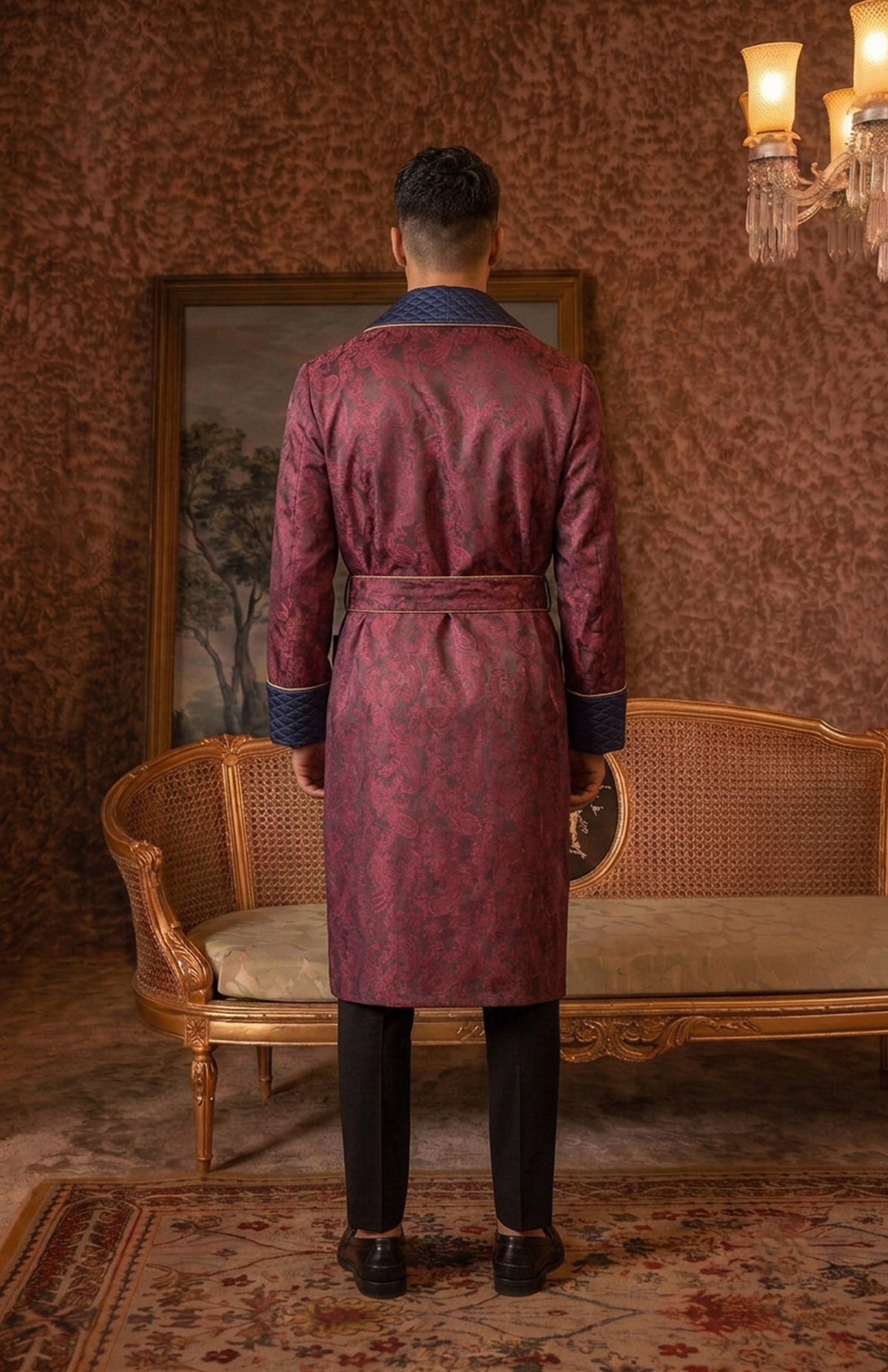 The Claret Viscount | Wine & Navy Paisley Jacquard Quilted Robe for Men