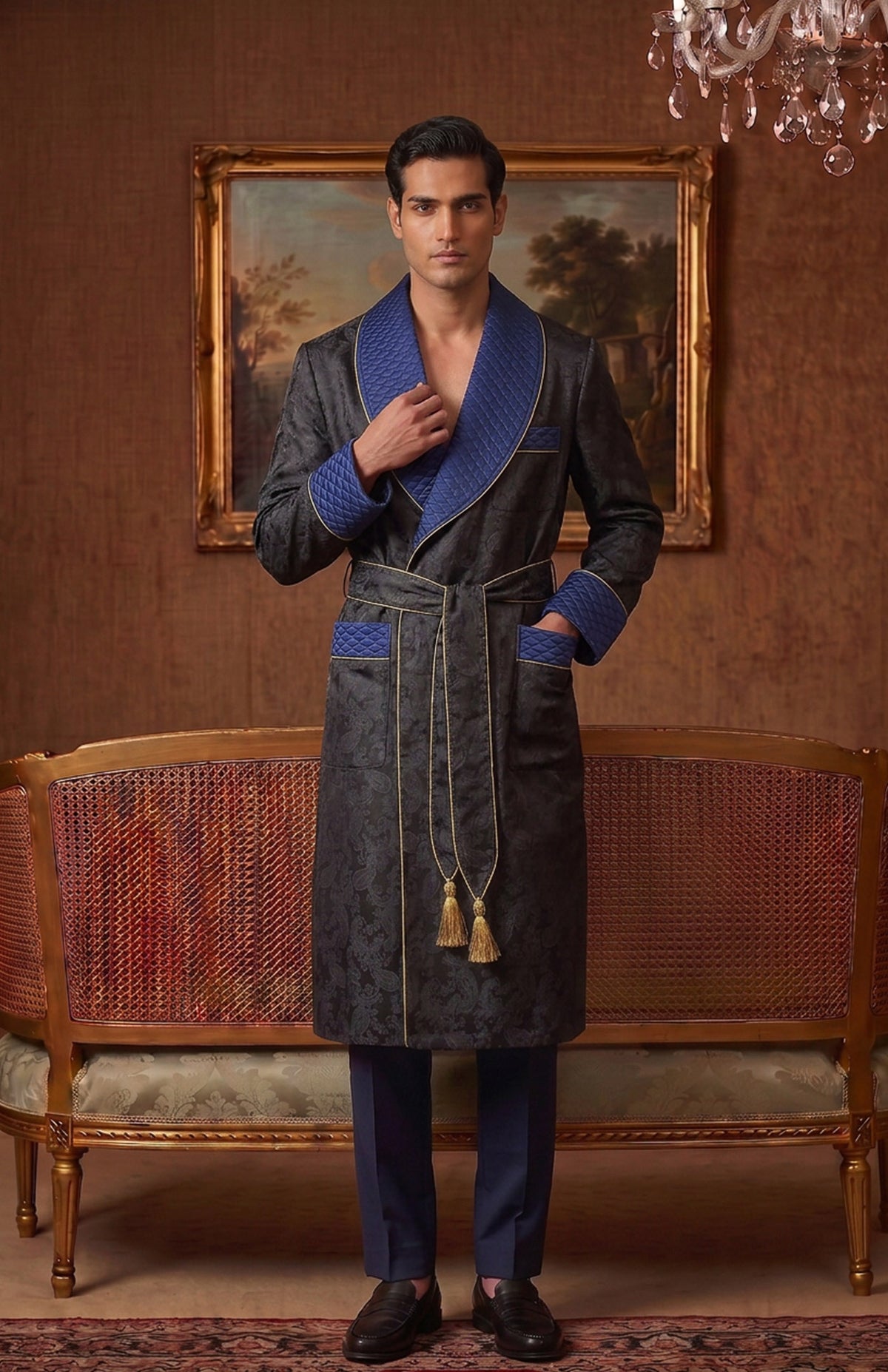 The Cobalt Regent | Black & Blue Paisley Jacquard Quilted Robe for Men