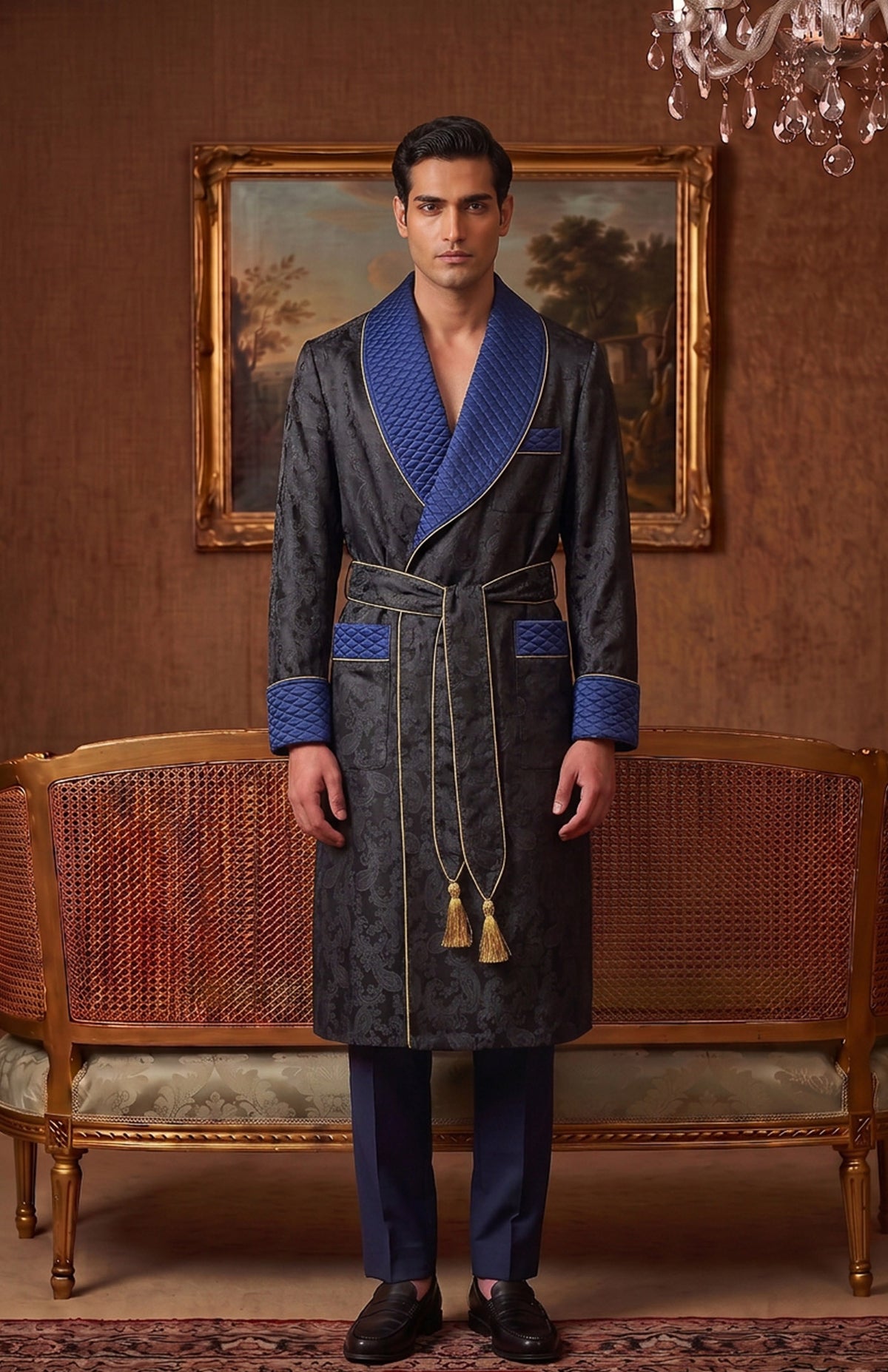 The Cobalt Regent | Black & Blue Paisley Jacquard Quilted Robe for Men