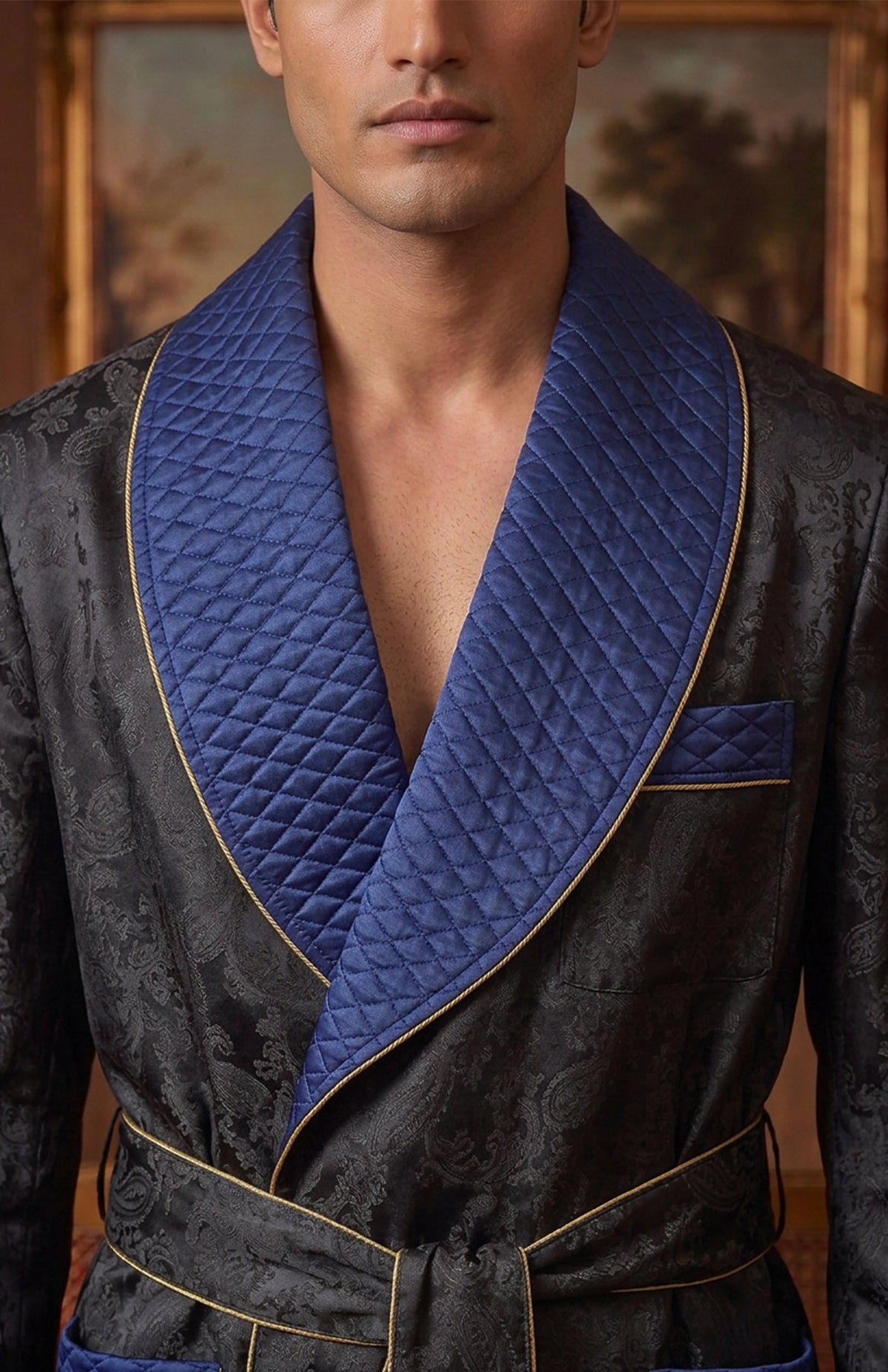 The Cobalt Regent | Black & Blue Paisley Jacquard Quilted Robe for Men